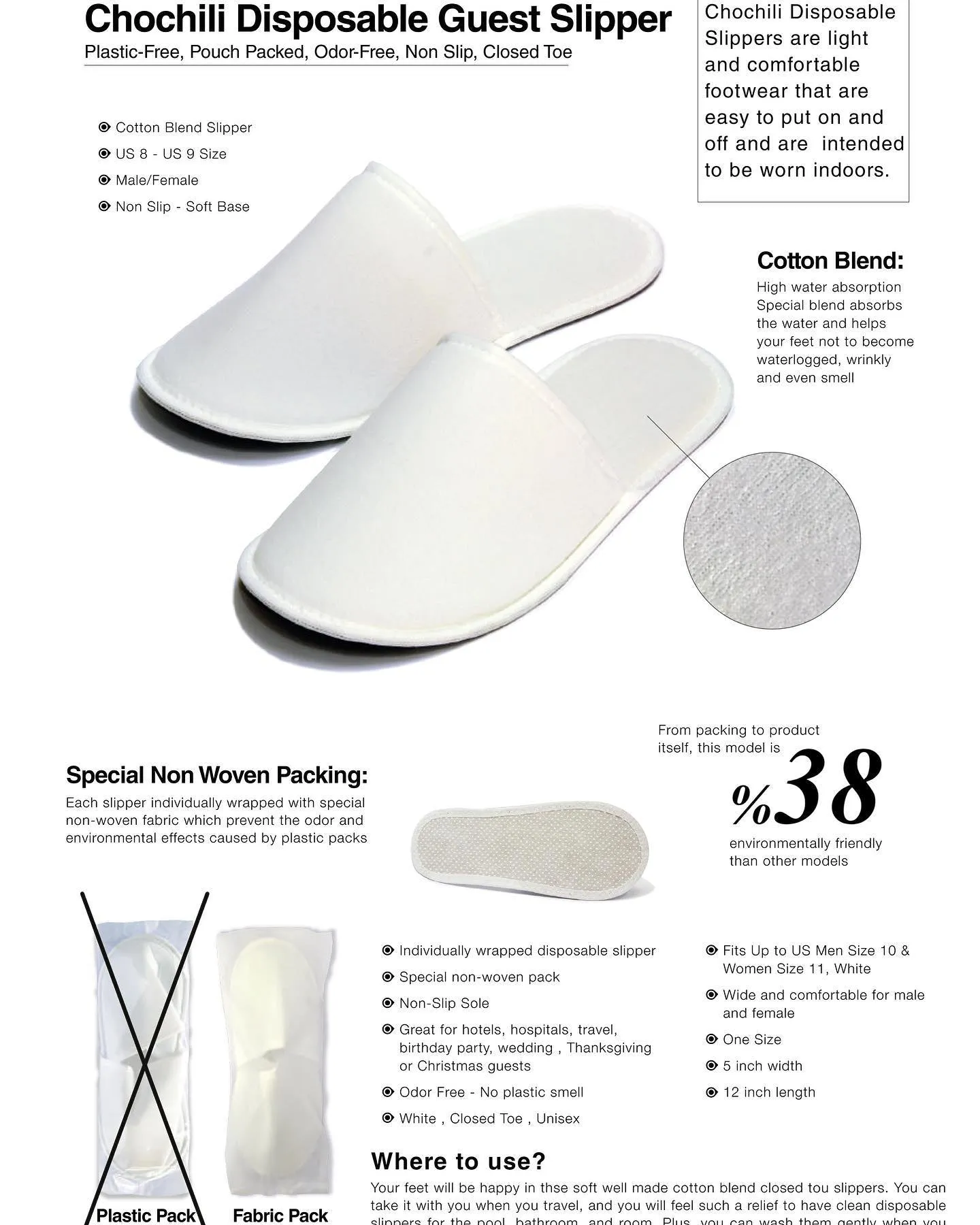 Chochili 5 Pairs Fabric Packed Non-Woven Disposable Hotel Slippers for Airbnb Spa Wedding Guests Adult Men Women Size 10-11, White
